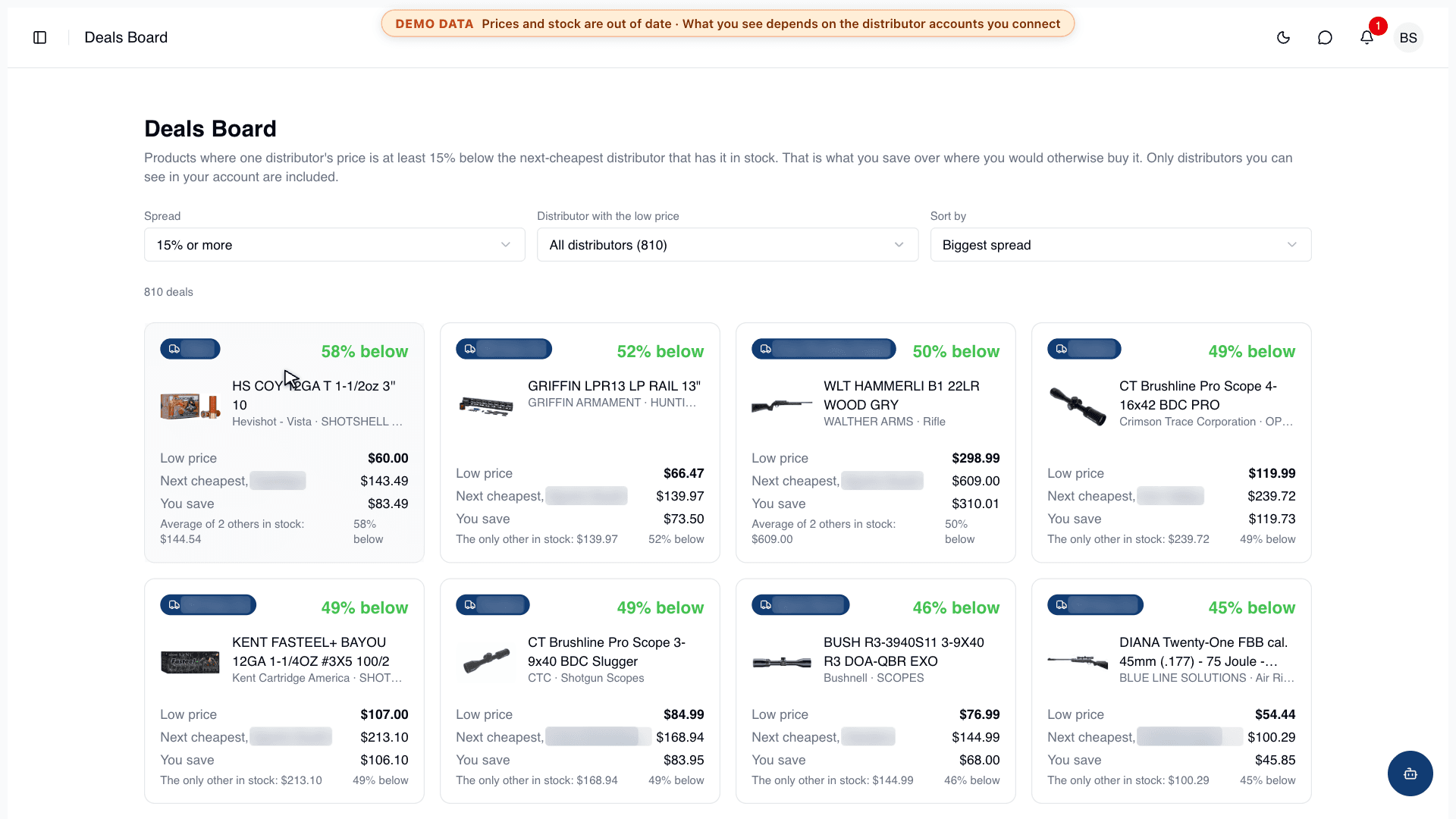 The Deals Board: products where one distributor is well below the next-cheapest one in stock