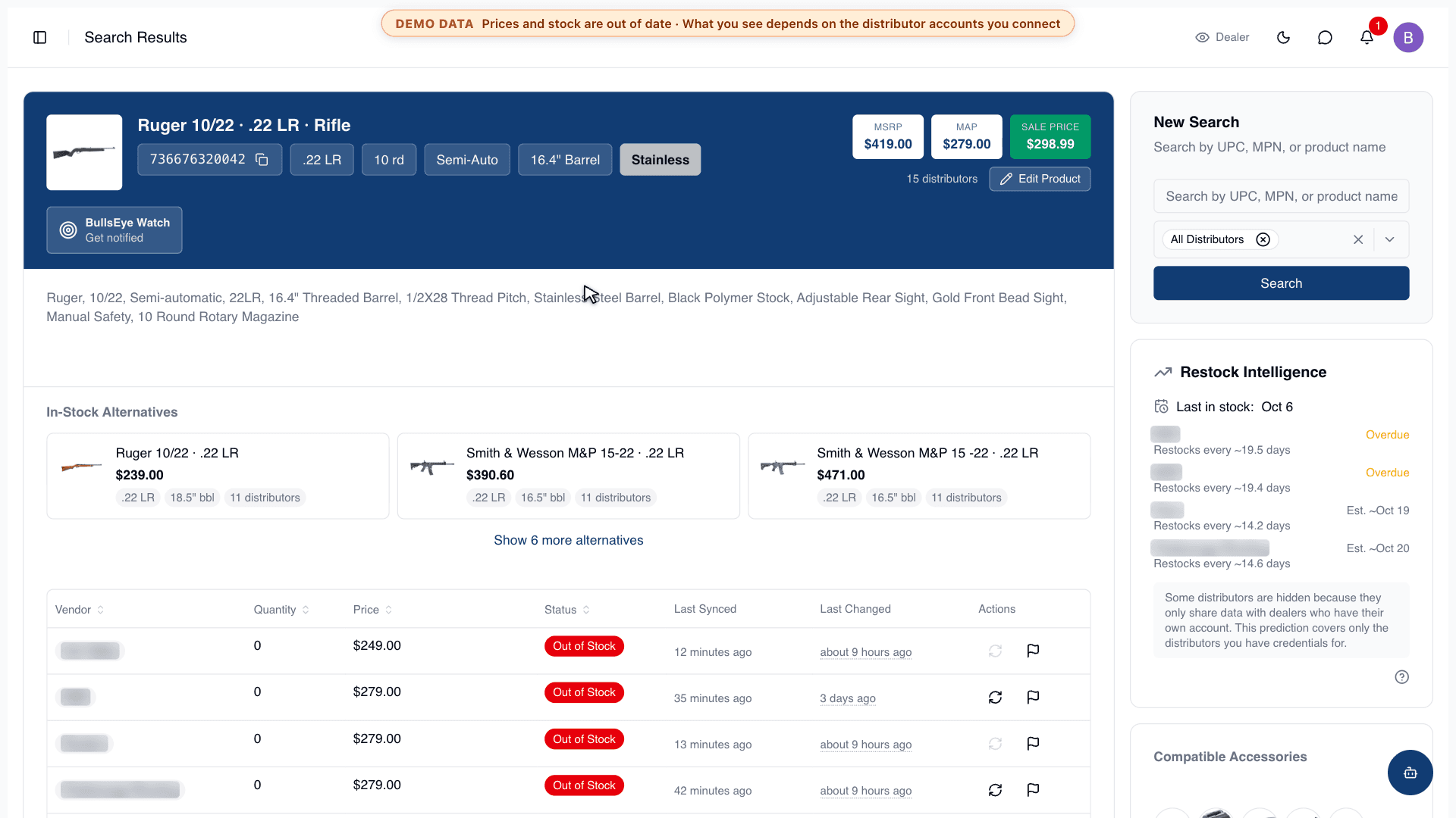 The Restock Intelligence card on an out-of-stock product, with each distributor's estimated restock