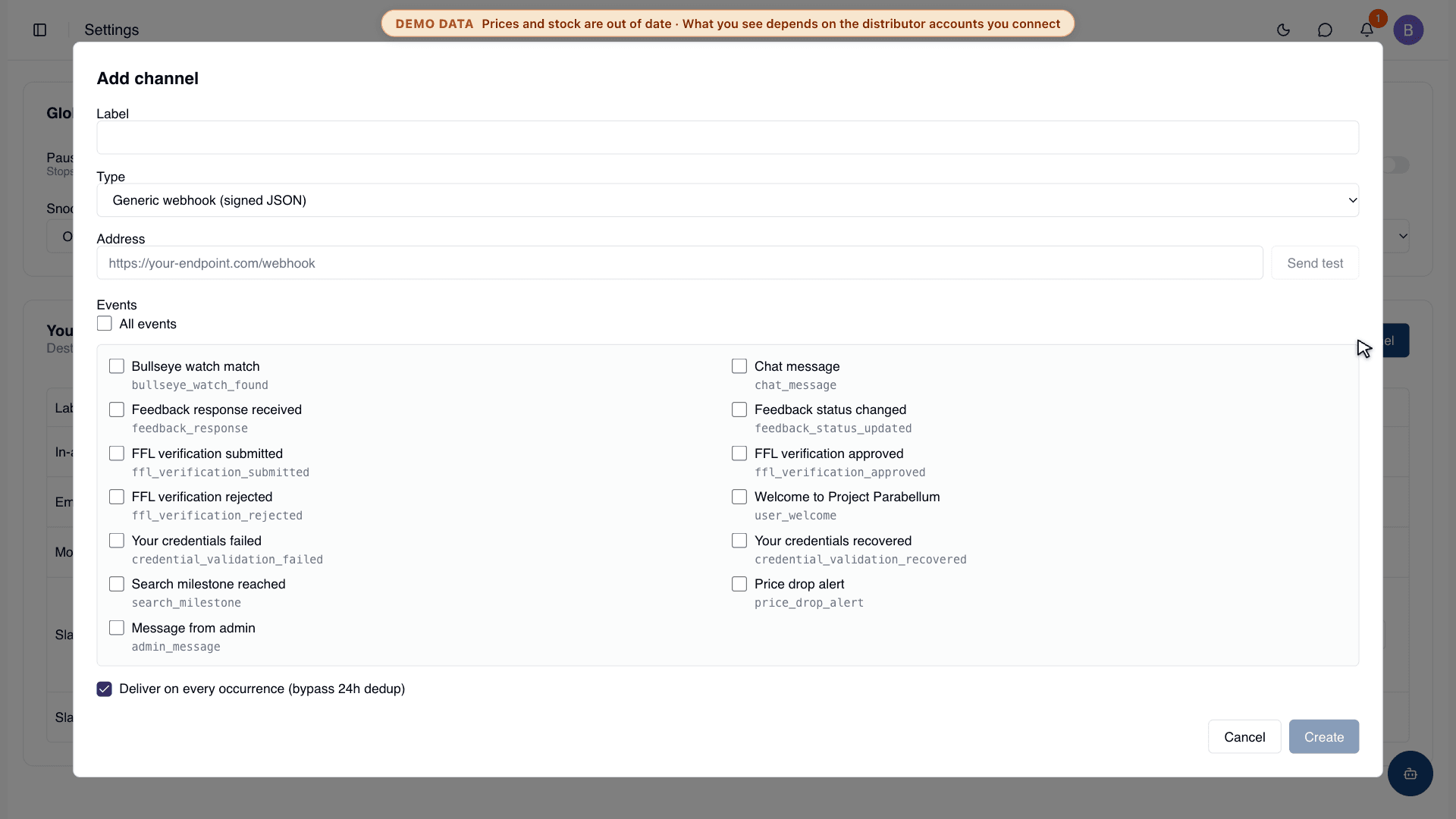 Adding a channel: pick the type, the address and the events it receives