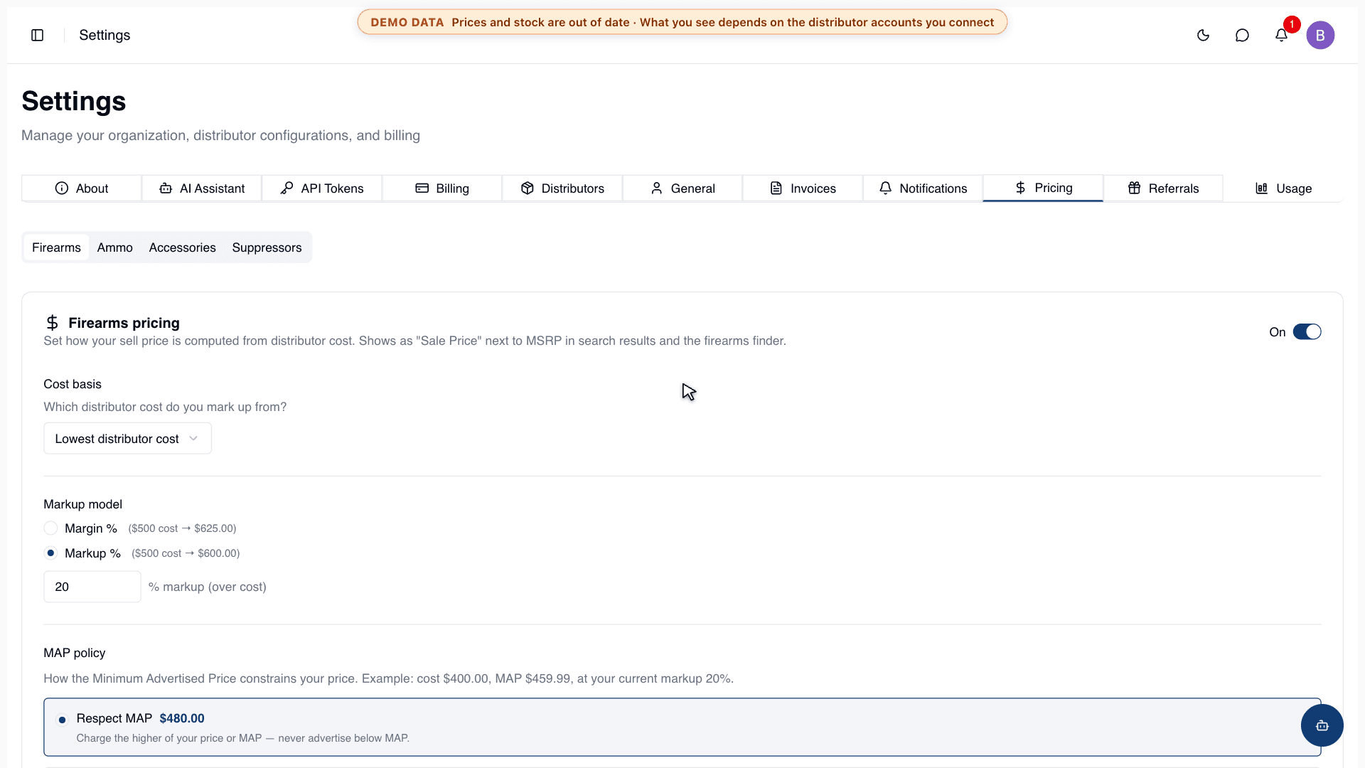 Pricing settings: cost basis, markup model and MAP policy for firearms