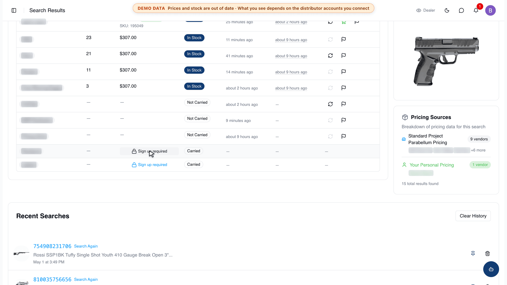 A product page where two distributors show "Sign up required" until you connect your own account