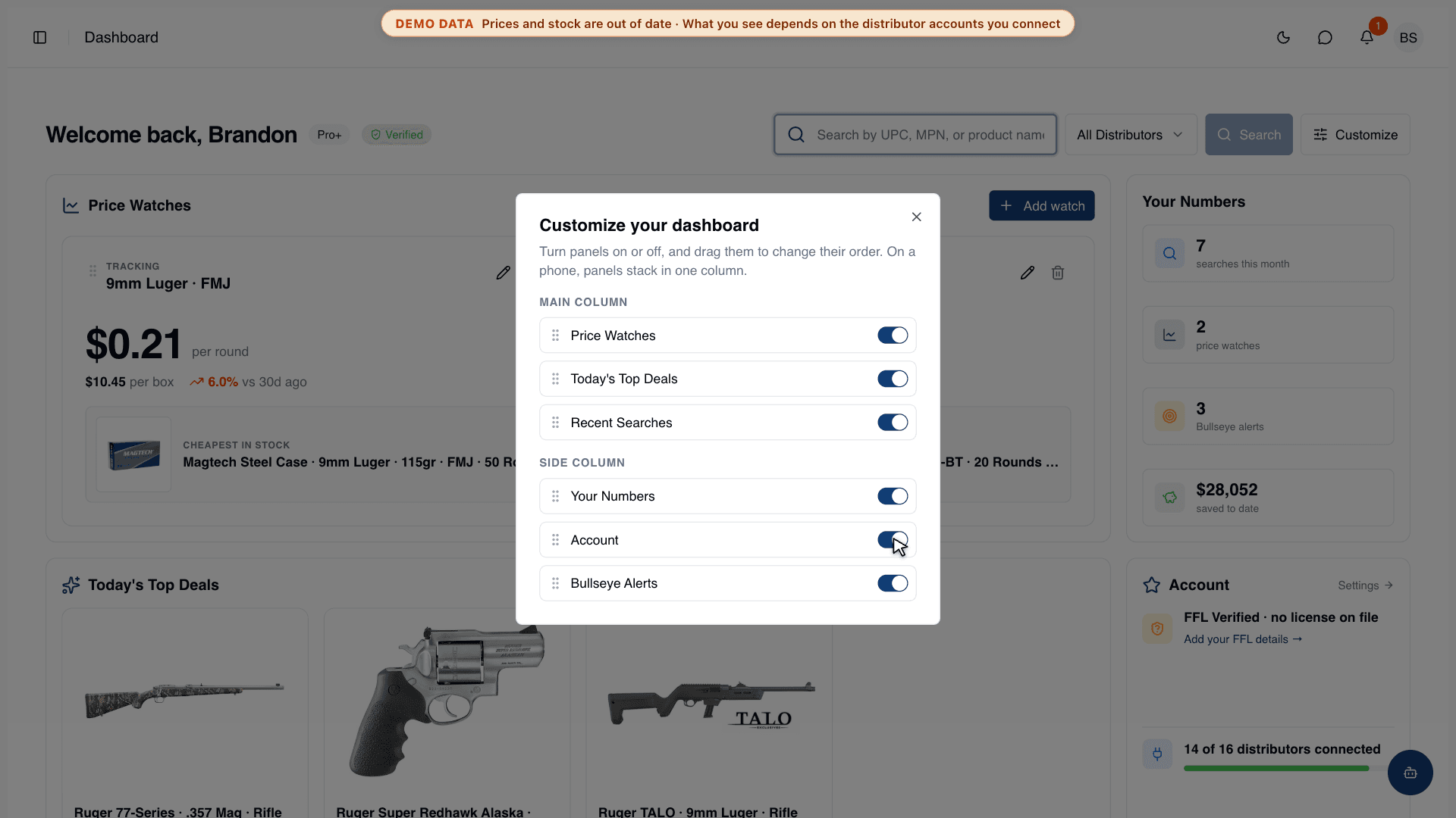 The Customize panel: turn dashboard panels on or off and drag them into order