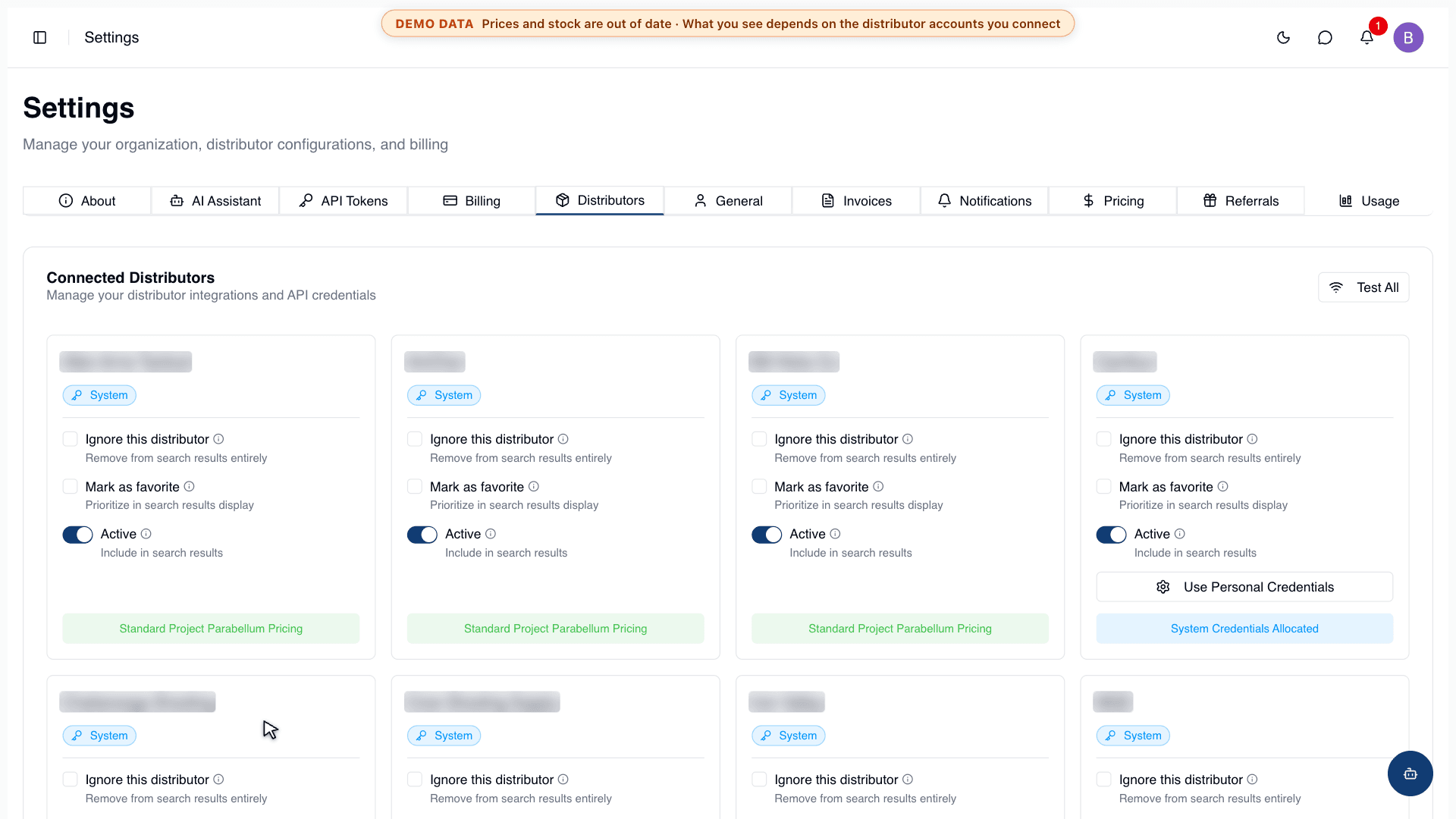 Connected distributors in Settings, each with its own options