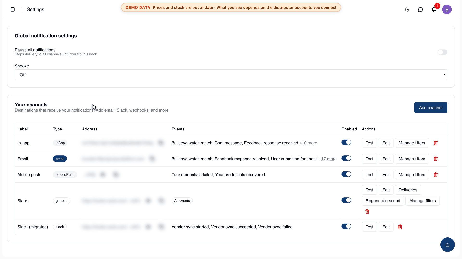 Notification channels in Settings: in-app, email, mobile push, Slack and webhooks