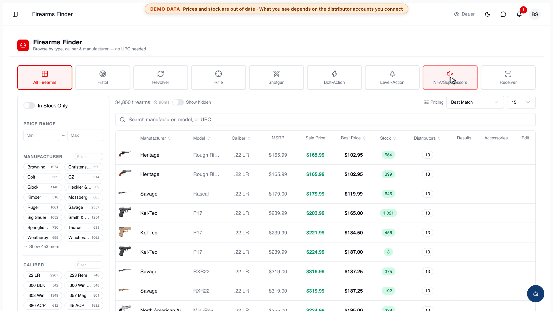 The Firearms Finder, browsing every firearm by type