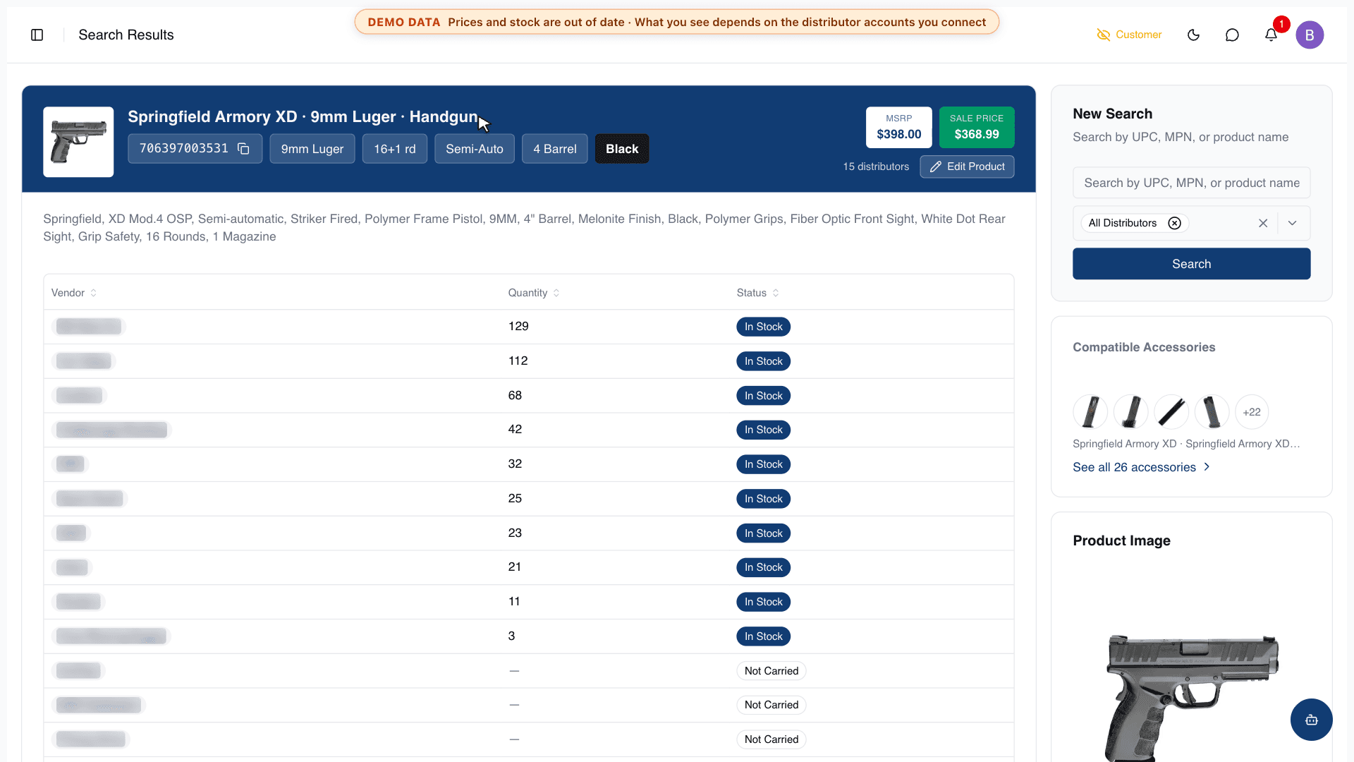 Search results in customer mode: distributor prices are hidden, and so is a MAP below the sale price, which stays on screen