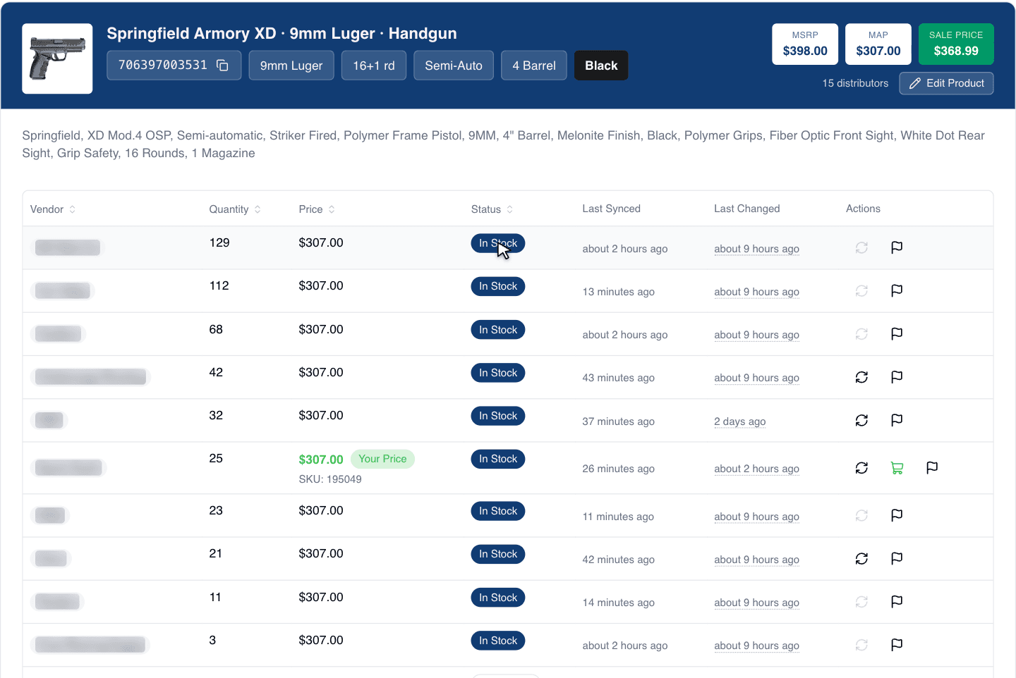 Search results for a Springfield Armory XD: price, quantity and stock at every distributor, with MSRP, MAP and sale price
